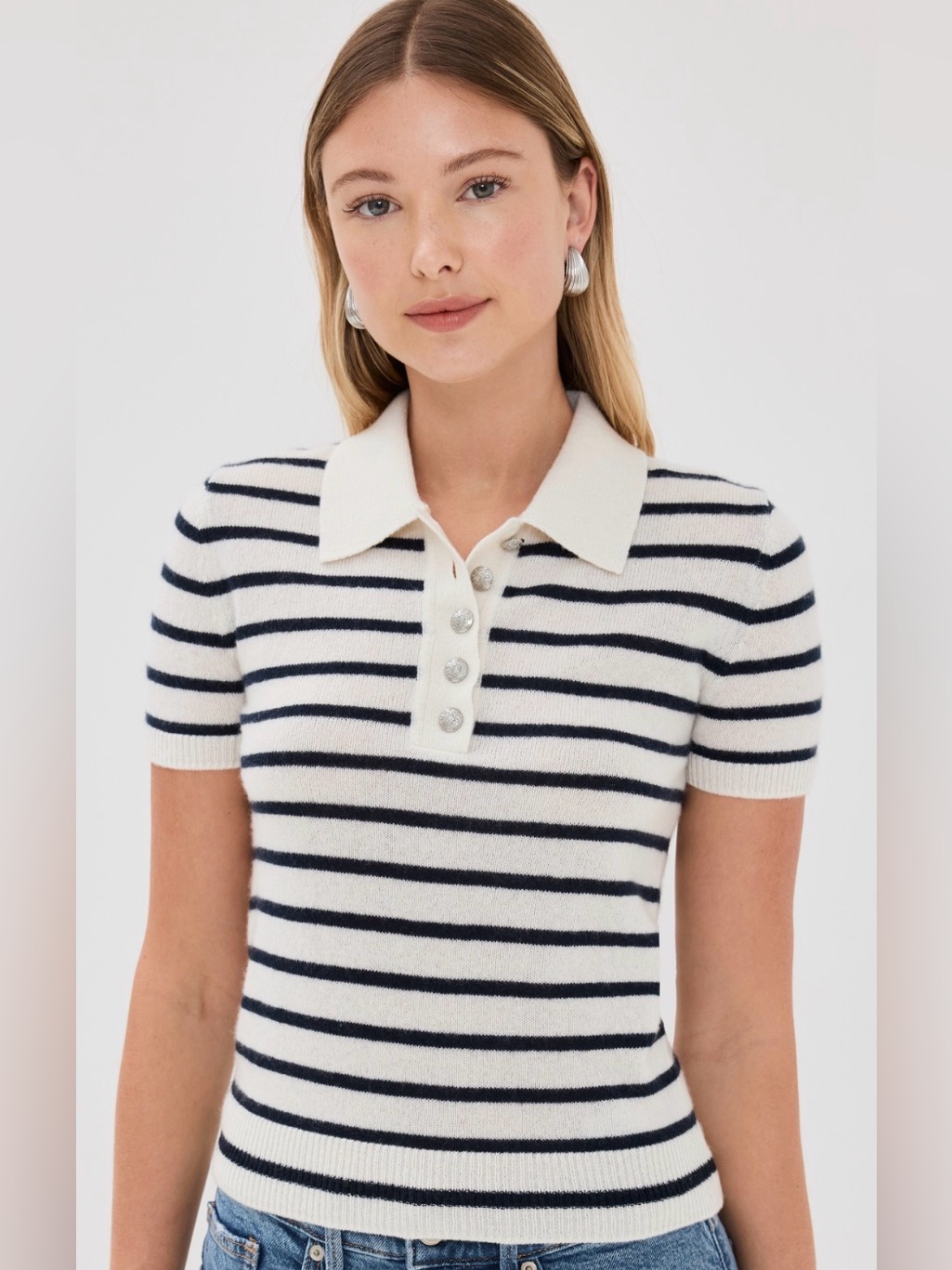 Veronica Beard Brandt Cashmere Cream & Navy Striped Polo Size Xs